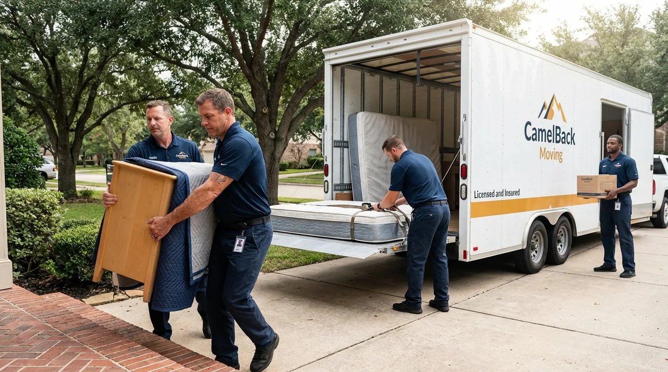 Crew loading residential truck for cross-state move from Knox City, TX