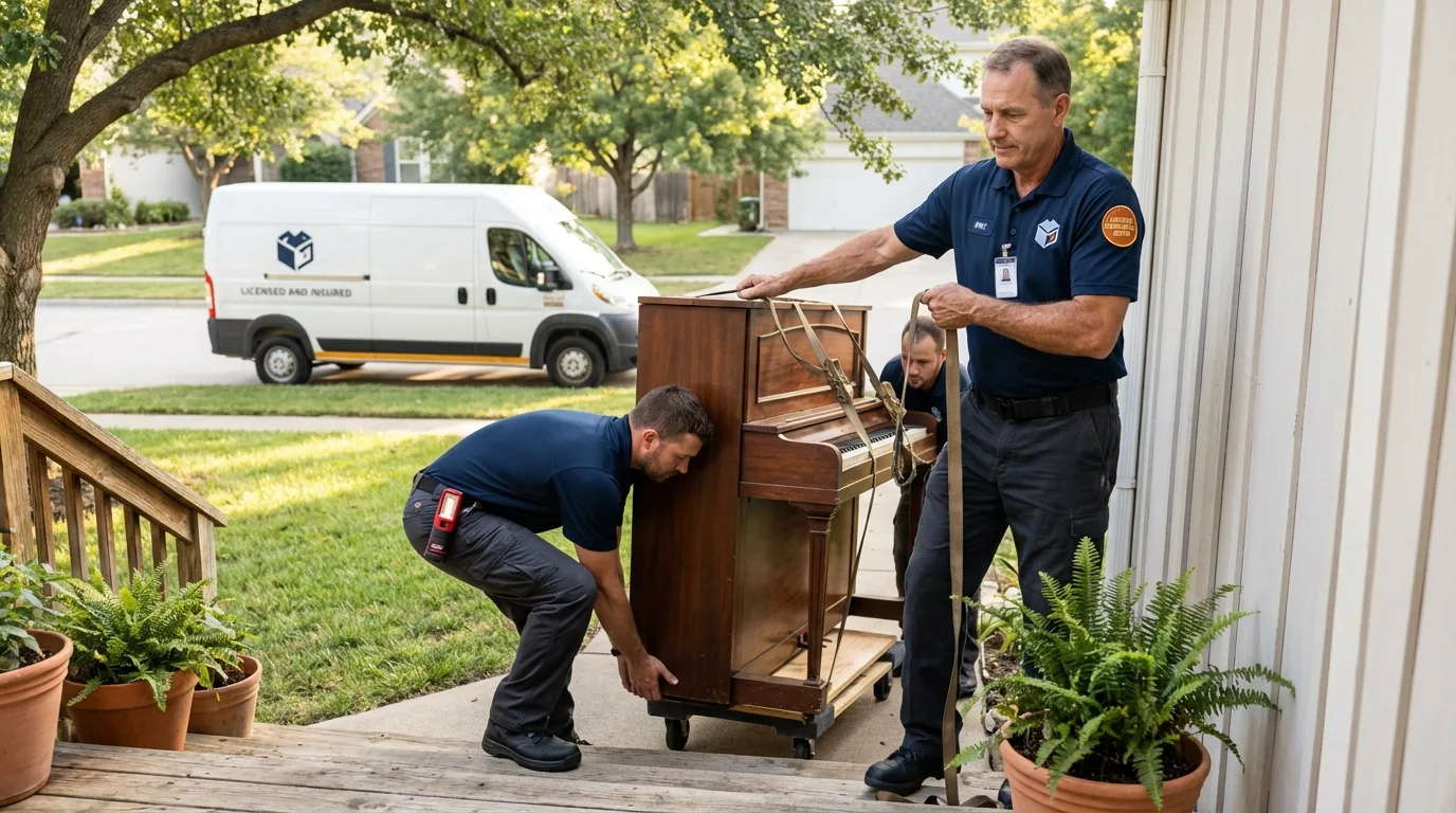Licensed piano movers securing grand piano in Knox City, TX