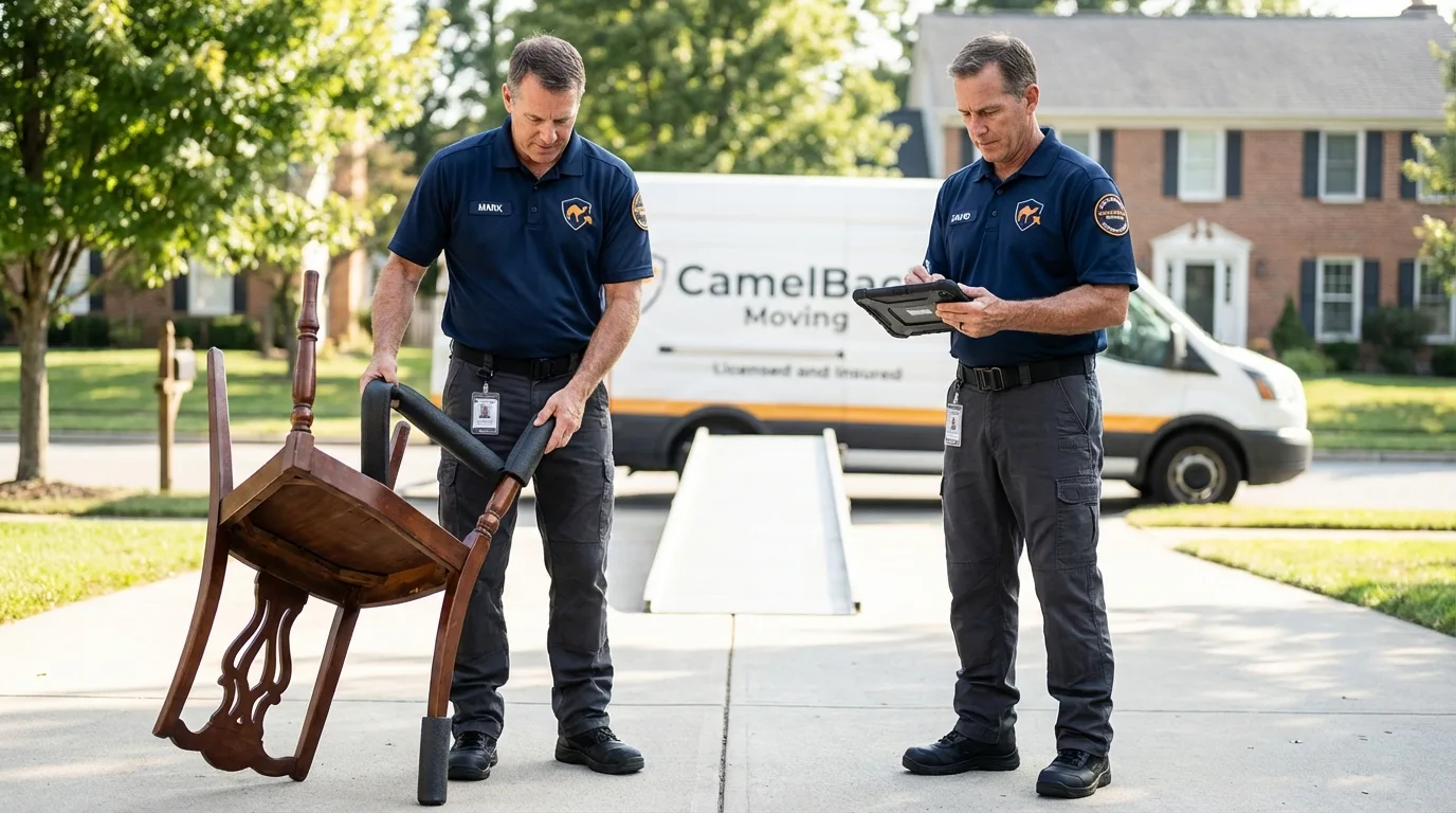 Movers inspecting furniture for damage prevention before loading in Knox City, TX