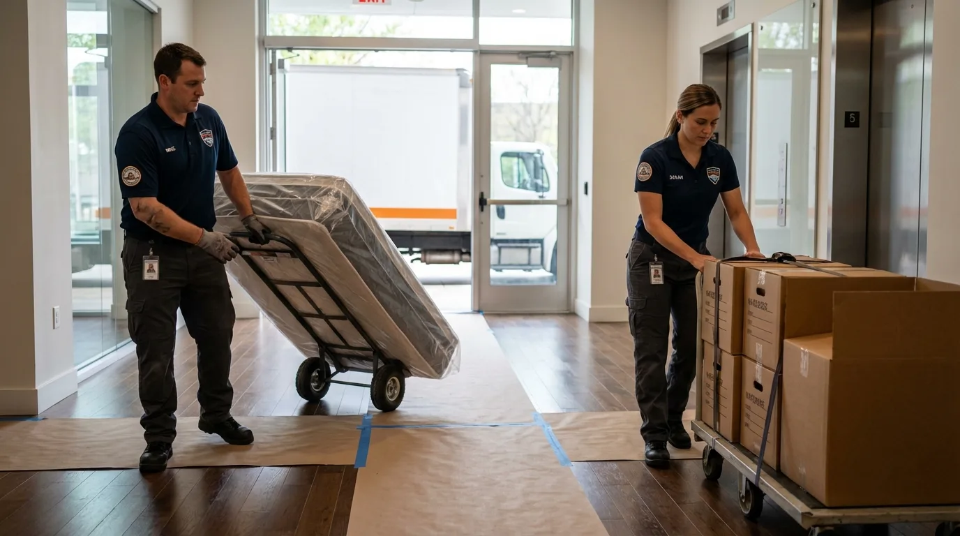 Professional apartment movers loading elevator in Knox City, TX